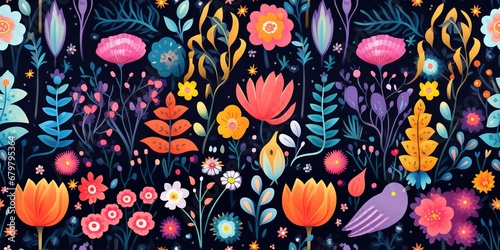 Abstract childish, cute and fun colorful dreamy garden floral seamless pattern wallpaper background with flowers and critters, vector. Generative AI, AI © MiniMaxi