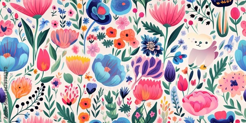 Abstract childish, cute and fun colorful dreamy garden floral seamless pattern wallpaper background with flowers and critters, vector. Generative AI, AI