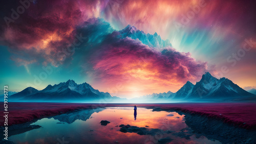 A tranquil otherworldly landscape illuminated by a mesmerizing celestial phenomenon  seamlessly blending vibrant colors. This visually stunning piece will evoke a sense of wonder and serenity.