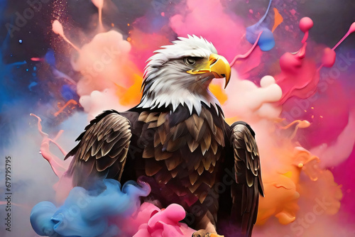 Adler fliegt in eine Wolke aus Farben und landet auf dem Boden