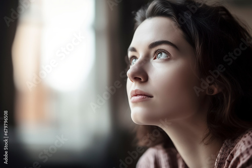 Wallpaper Mural a woman in a pink shirt, looking out a window at a blurred cityscape, ai generative Torontodigital.ca