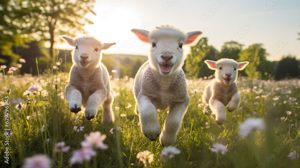 happy lambs run in the meadows.Generative AI happy lambs run in the meadows.Generative AI
