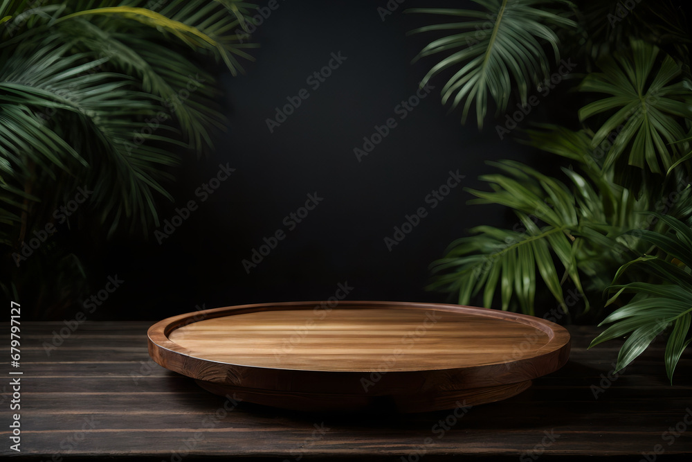 Green Wooden Podium in a Modern Tropical Setting, Ideal for Striking Product Placement and Showcase Excellence Green Wooden Podium in a Modern Tropical Setting, Ideal for Striking Product Placement and Showcase Excellence