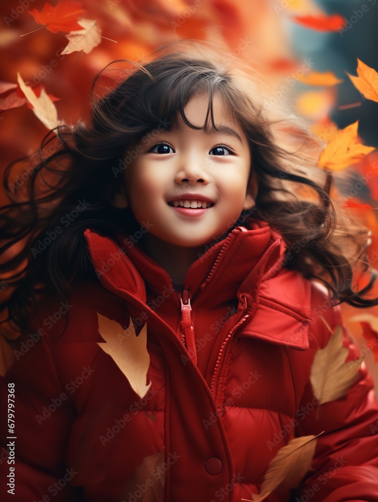 Asian little girl having fun amid the fall foliage. Generative Ai.