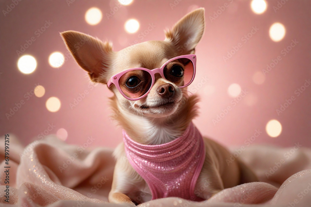 Funny beige mini Chihuahua in pink sunglasses.