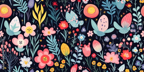 Abstract childish, cute and fun colorful dreamy garden floral seamless pattern wallpaper background with flowers and critters. Generative AI, AI
