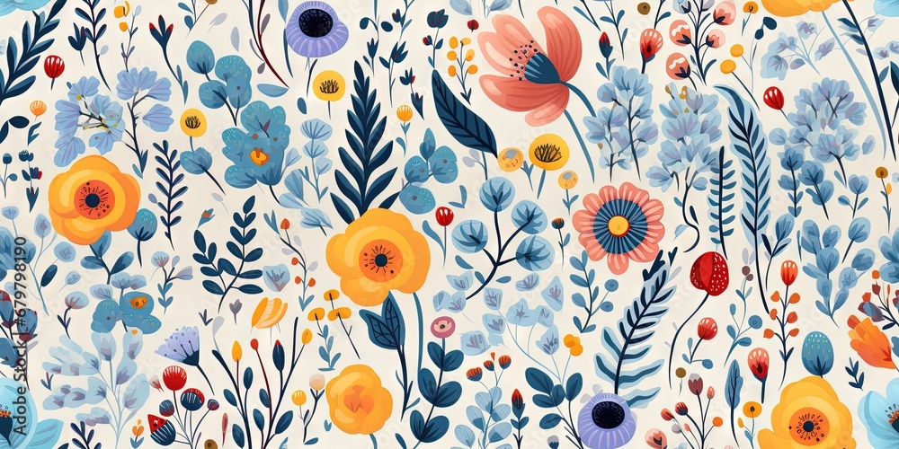 Abstract childish, cute and fun colorful dreamy garden floral seamless pattern wallpaper background with flowers and critters, vector. Generative AI, AI - obrazy, fototapety, plakaty 