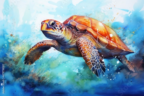 watercolor Turtle illustration with splash watercolor textured background