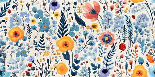 Abstract childish, cute and fun colorful dreamy garden floral seamless pattern wallpaper background with flowers and critters, vector. Generative AI, AI © Merilno