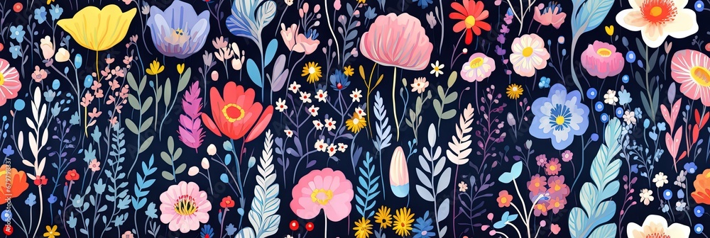 Naklejka premium Abstract childish, cute and fun colorful dreamy garden floral seamless pattern wallpaper background with flowers and critters, vector. Generative AI, AI