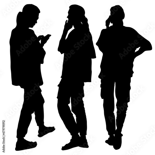 Silhouette of a young woman in jeans and a T-shirt with a phone in her hands, three options, back and side views. Vector illustration