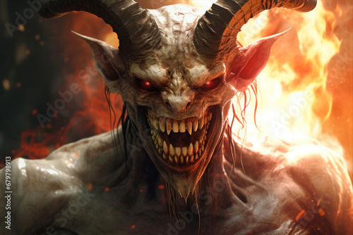 Scary monster with horns on fire background.