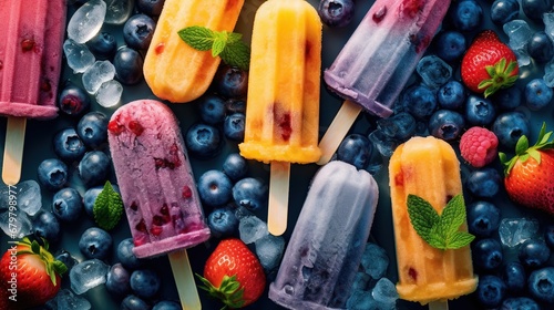 Fruit ice cream popsicles with fresh blueberries and strawberries photo