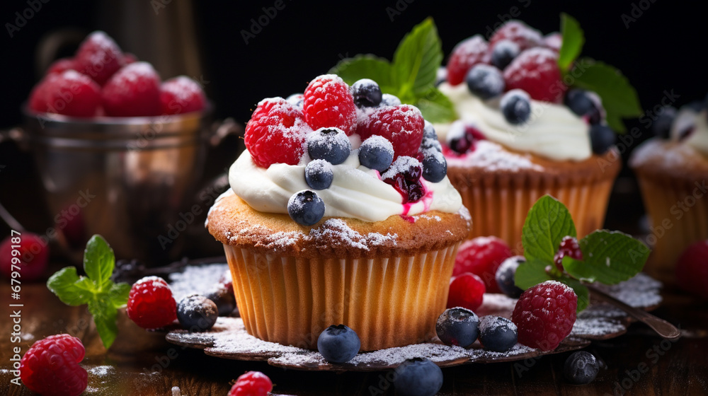 Cupcakes with fruits and berries, close-up.Generative AI Cupcakes with fruits and berries, close-up.Generative AI
