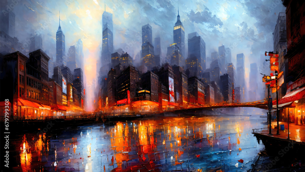 New York City panorama skyline at sunset with  Manhattan office buildings and skysrcapers. New York City panoramatic oil painting on canvas.