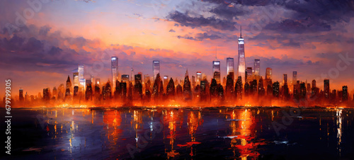 New York City panorama skyline at sunset with Manhattan office buildings and skysrcapers. New York City panoramatic oil painting on canvas.