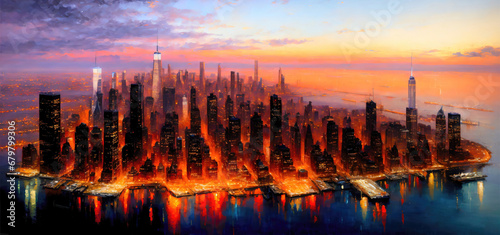 New York City panorama skyline at sunset with Manhattan office buildings and skysrcapers. New York City panoramatic oil painting on canvas.