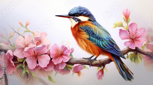 Spring colorful bird. Little bird sit on a branch with flowers. 