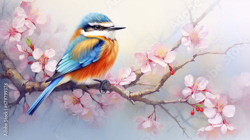 Spring colorful bird. Little bird sit on a branch with flowers. 