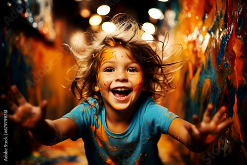 Freedom in the Earth's Canvas: A Playful Little Girl painting with her hands, Embracing Creativity and Colorful Expression, utter fun
