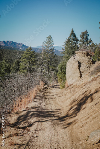 ATV trail through Pike national Forest near Sedalia Colorado next to big rock boulder photo