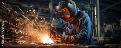 Worker while doing a welding with arc welder photo