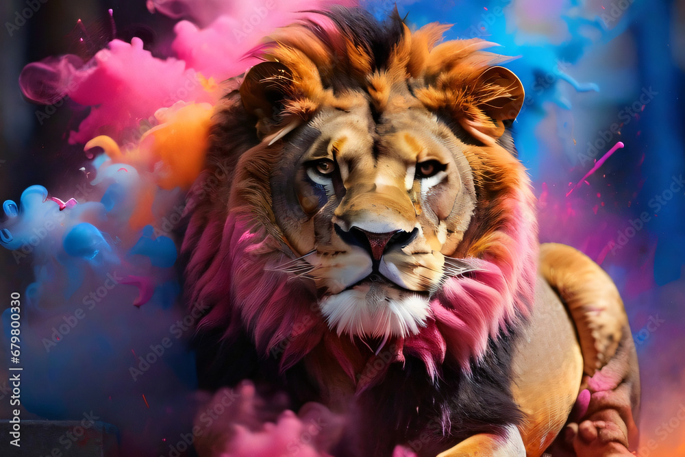 Spashsceen ein Löwe der König der Tiere in einer Wolke aus Farben