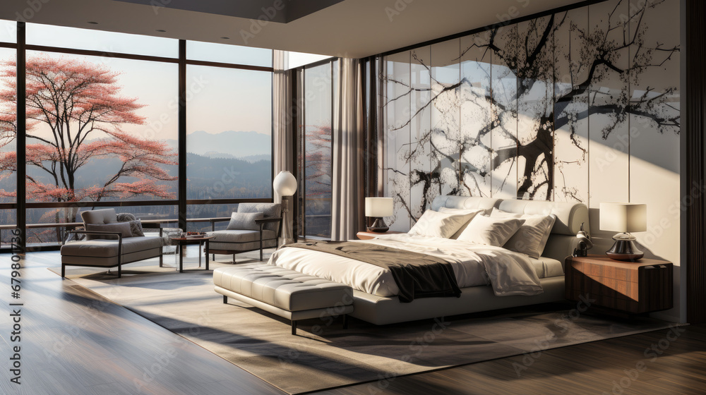 luxury studio apartment with a free layout in a loft style in white colors. Stylish modern bedroom area with wardrobe, cozy room with soft animal rug carpet. 3d render luxury studio apartment with a free layout in a loft style in white colors. Stylish modern bedroom area with wardrobe, cozy room with soft animal rug carpet. 3d render