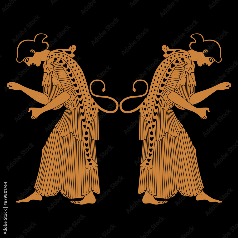 Symmetrical ethnic design with two ancient Greek women or maenads. Vase painting style.