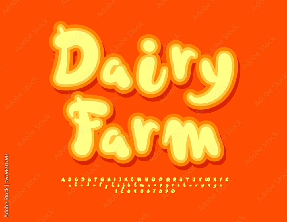 Vector trendy sign Dairy Farm. Funny Playful Font. Bright Alphabet Letters and Numbers set. 