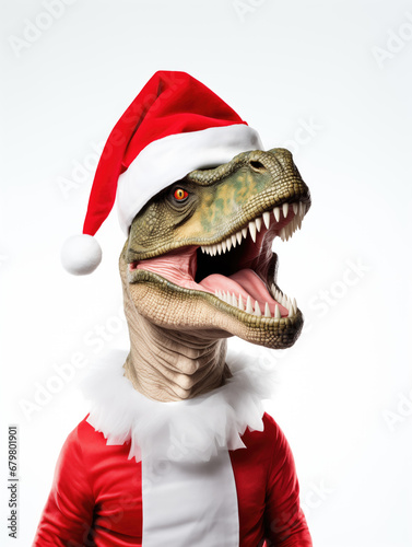 Portrait of a dinosaur in a Santa Claus hat on a white background © Tida