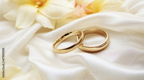 Two intertwined wedding bands resting on a bed of silk petals.