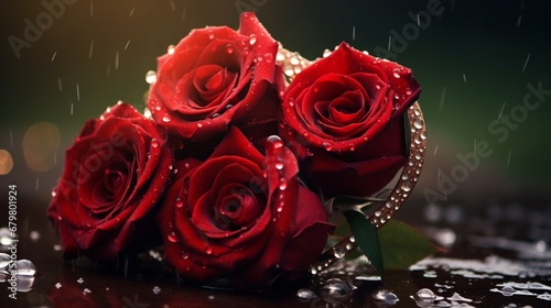 A heart-shaped bouquet of red roses with dewdrops glistening in the morning sun.