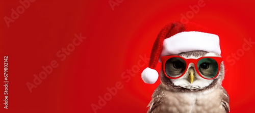 Christmas owl wearing red glasses and santa hat on red background photo