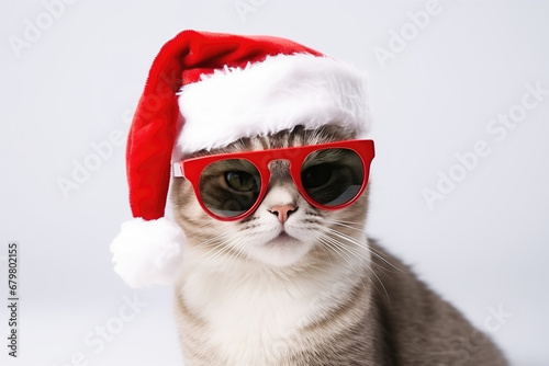 Cat wearing santa claus hat and red sunglasses on white background