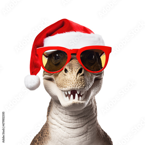 Funny T-rex wearing Santa Claus hat and sunglasses isolated on a transparent background. © Tida