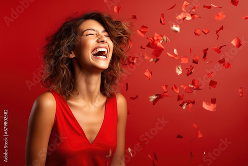 a Young Woman laughing while bright confetti falls over, in the style of studio portraiture, bright daylight, delicate, red background