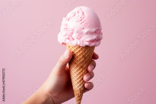 Close up of hand holding a delicious vanilla milk ice cream cone on a solid pastel color background