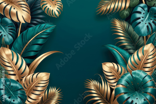 Luxury tropical exotic leaves background with copy space. Generative ai