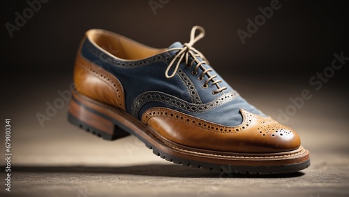 vintage brown leather shoes wooden surface, black background, ambient light. AI generated