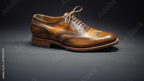 vintage brown leather shoes wooden surface, black background, ambient light. AI generated