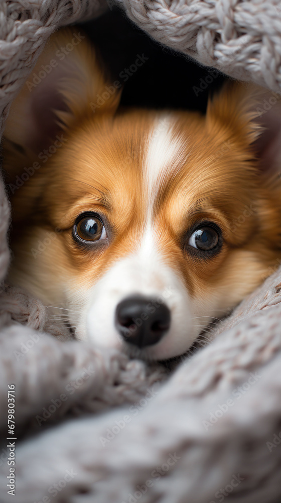 Heartwarming gaze of a corgi surrounded by a woven blanket, evoking a sense of home and comfort. Heartwarming gaze of a corgi surrounded by a woven blanket, evoking a sense of home and comfort.