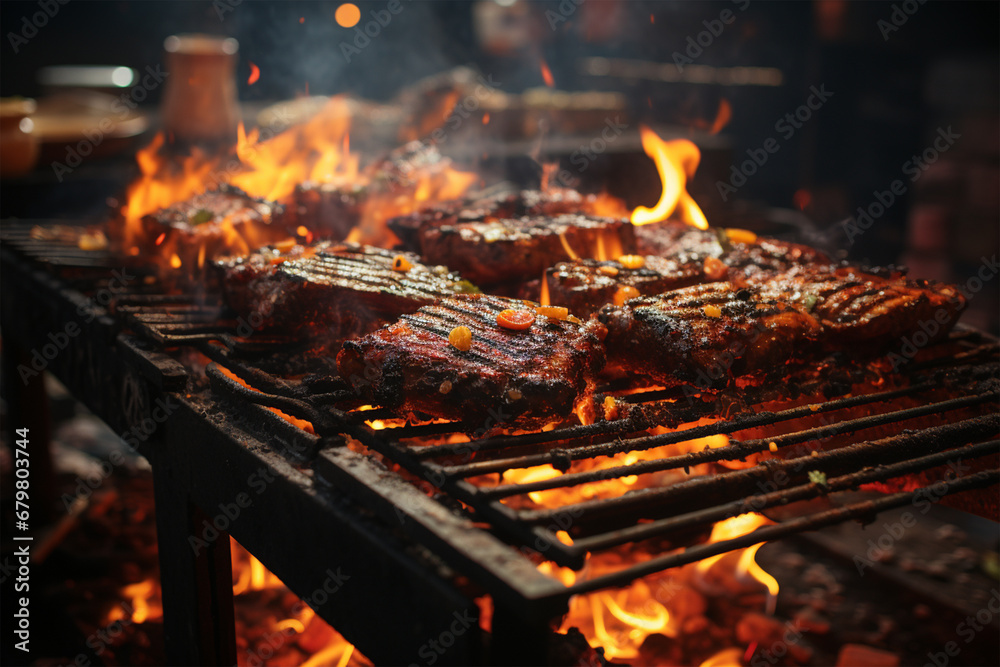 Leckeres brennendes Fleisch auf dem Grill in Feuer (Durch AI generiert)