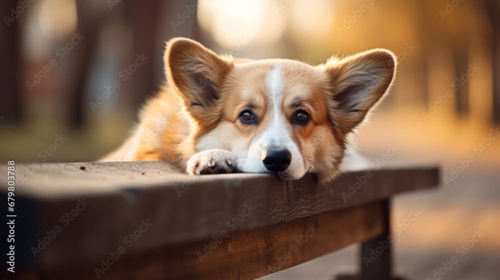  A relaxed Corgi lounges on a bench, basking in the soft golden hues of a tranquil sunset.