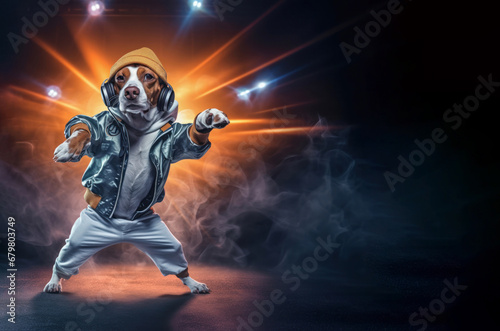 A beagle dog in hip-hop style clothes dances on a bright stage with smoke. Spotlights illuminating the stage convey the energy of the performance. A talented pet.