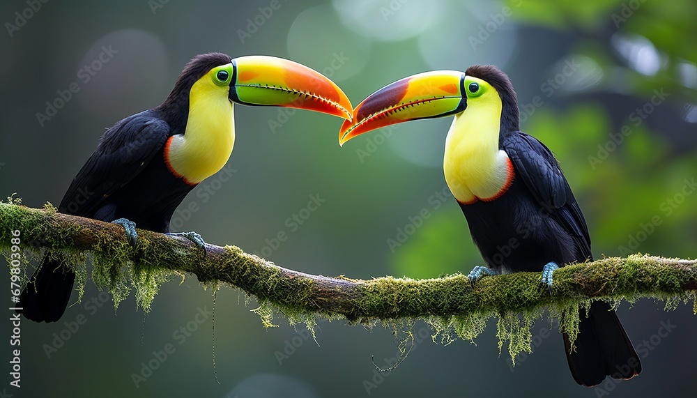 Fototapeta premium Toucan birds on tree branch in tropical forest with blurred green vegetation background