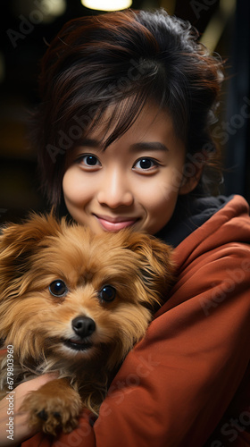  Smiling woman with a soft expression embracing her fluffy dog, a moment of joyful companionship.