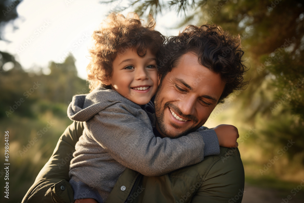 Fototapeta premium Happy father and child smiling at camera generative ai