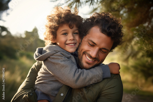 Happy father and child smiling at camera generative ai