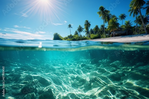 Enchanting underwater and overwater view of sea life and sandy beach on a sunny summer day